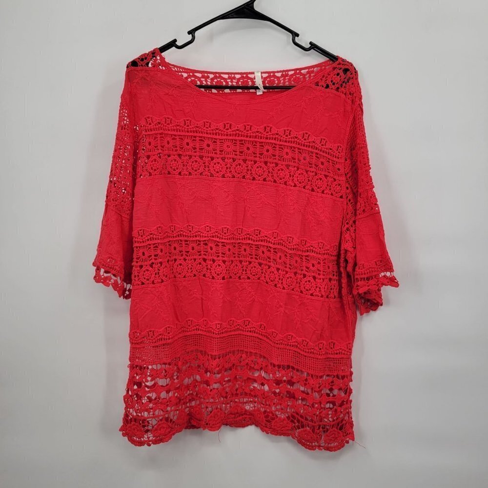 Plus Size Blouse Embroidered Crochet Crewneck Sheer 3/4 Sleeve 2XL Womens Red